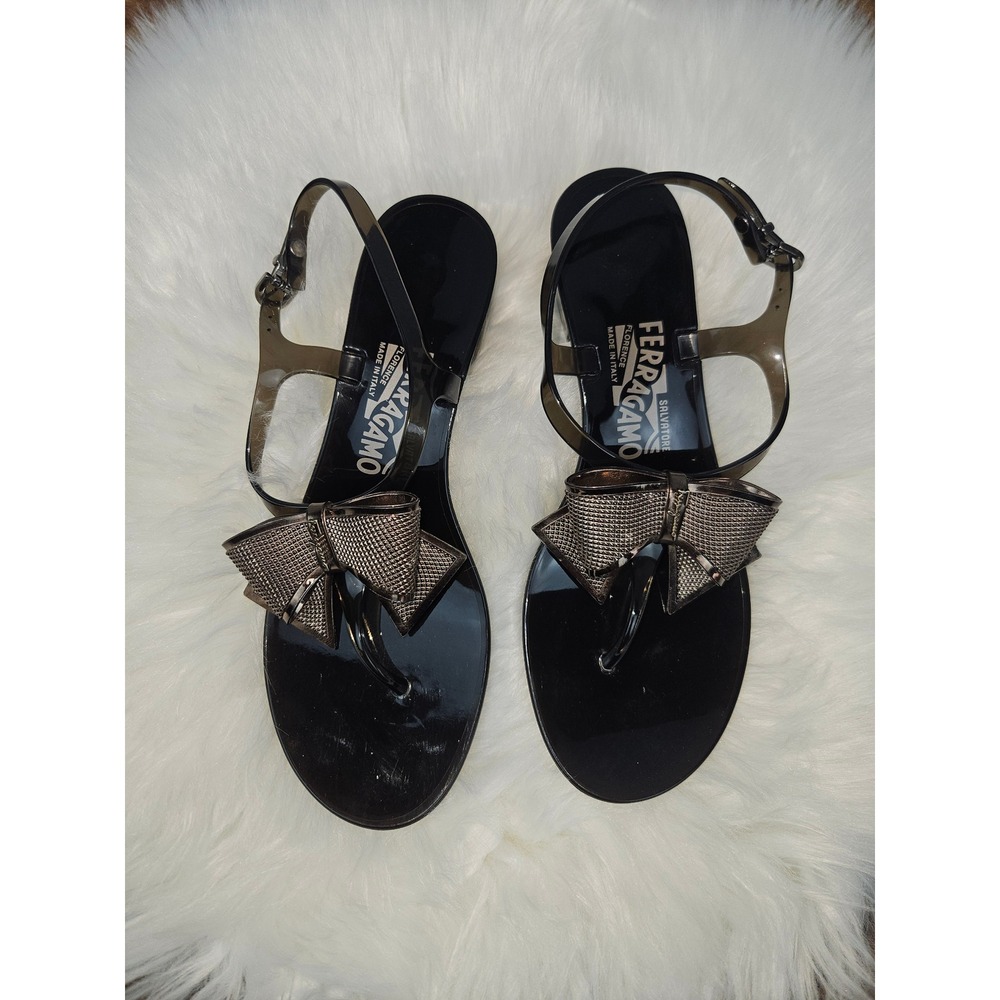 Salvatore Ferragamo Bermuda Black Jelly Vara Bow Block Heel Sandals Womens 7